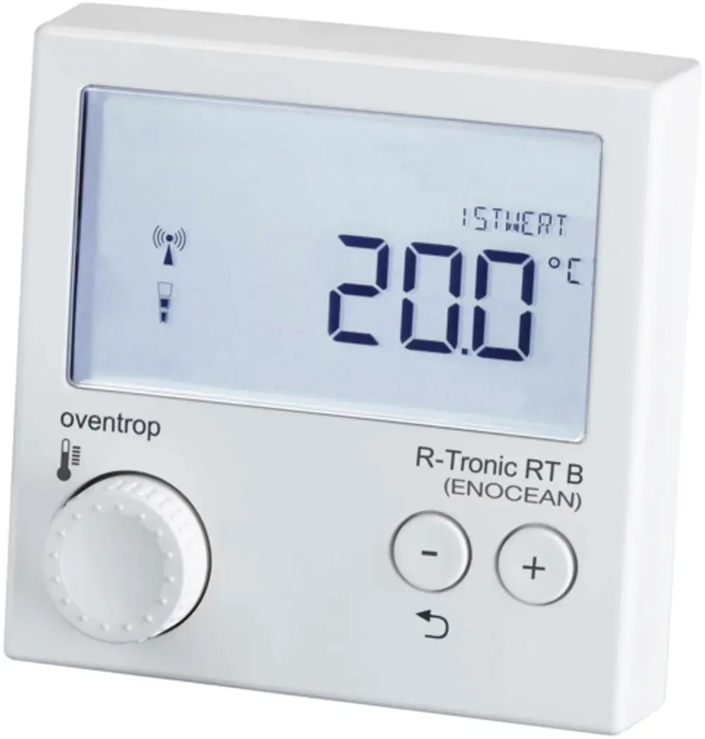Weißer Oventrop Funkthermostat mit digitalem Display, temperaturangabe von 20.0 °C, Einstelloptionen über Knöpfe und Drehregler, für Smart Home Anwendungen.